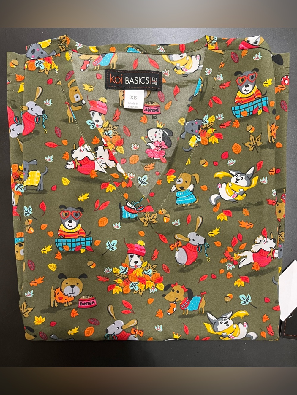 NWT Koi Olive Green Fall Dog Print Short Sleeve Scrub Top Multi Sizes